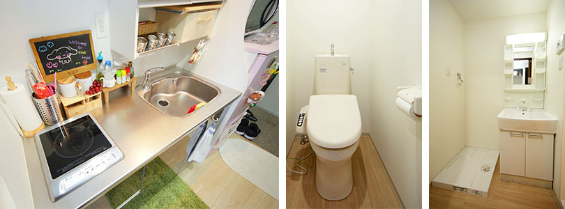 公寓套房附設的廚房有流理台及電磁爐，空間不算大但一人料理已相當足夠。而浴室及廁所分為獨立的兩個空間，在日本公寓也相當常見。